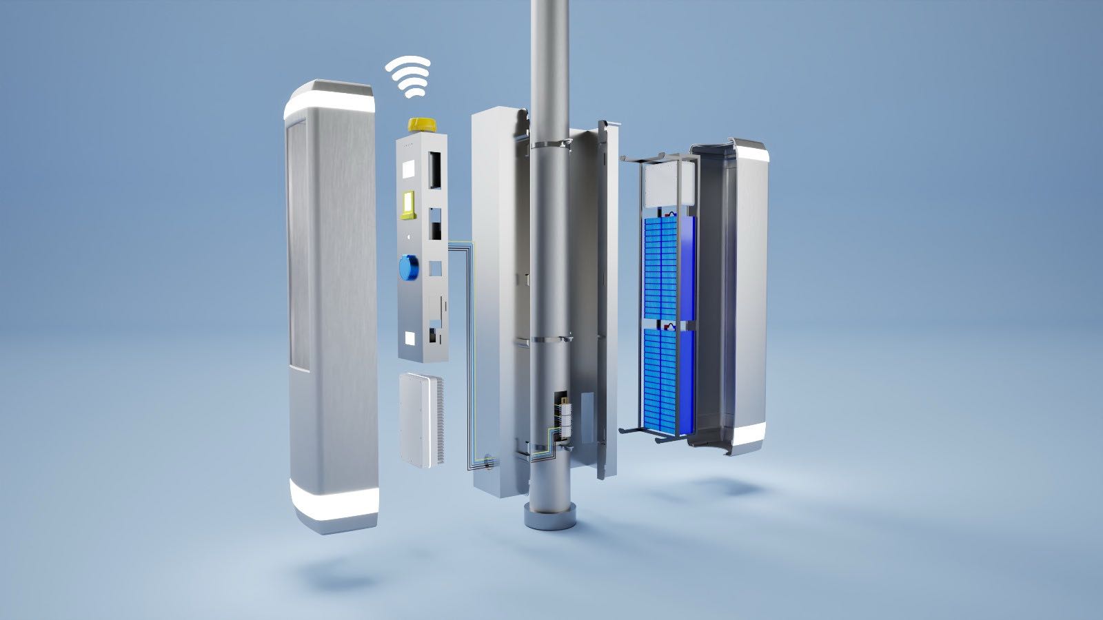 Exploded engineering view of the Popper Power pole-mounted energy storage and EV charging system